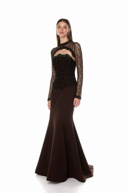 Kahverengi Korse Detaylı Dantel Görünümlü Abiye Elbise